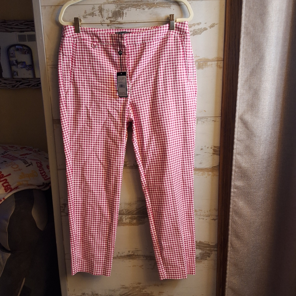 Adrianna Papell NEW Pink Gingham Preppy Ankle Pants Sz 12 Retail $89